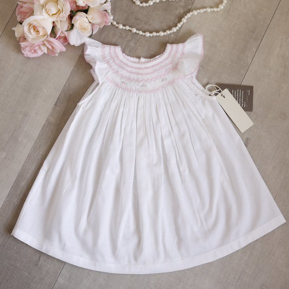 White Smocked Dress and Diaper Cover 100% Cotton Pink Embroidery Boutique NWT - Picture 1 of 5
